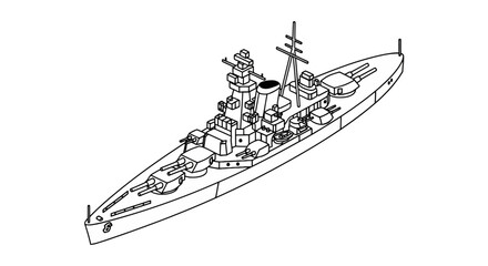 Detailed battleship line art showing multiple naval gun turrets © Kurniawan