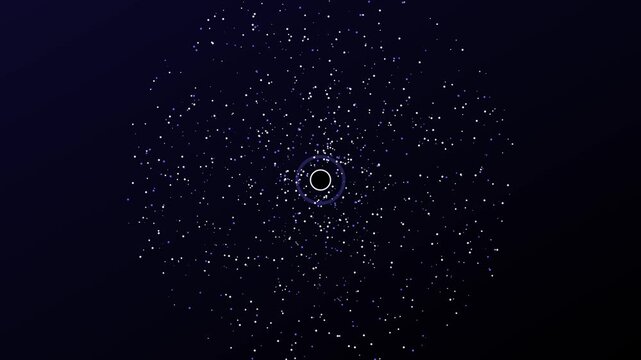 Abstract particle vortex swirling around a central animation 4k black hole core in deep space particles