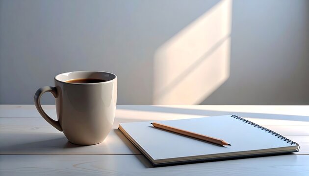 Ceramic coffee mug and open notebook with pencil on white wooden table with soft morning sunlight shadows