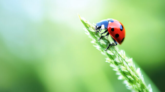 Beautiful tiny red bug on the grass after the rain