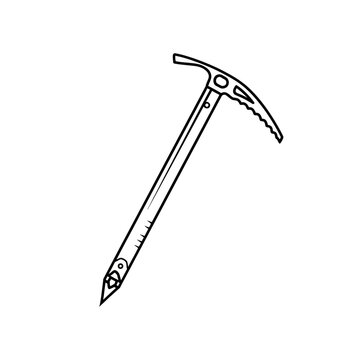 Hand drawn illustration of a professional mountaineering ice axe tool for alpine climbing and winter glacier trekking adventures