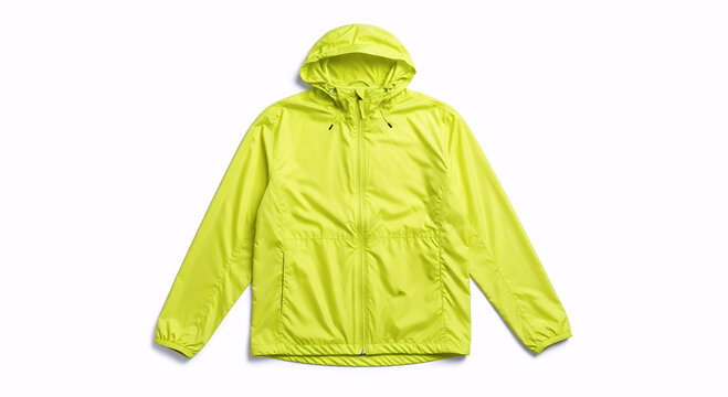 Bright neon yellow hooded windbreaker rain jacket isolated on white background mockup