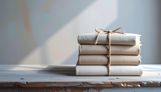 Stack of vintage books wrapped in simple twine string against a neutral wall with soft morning sunlight