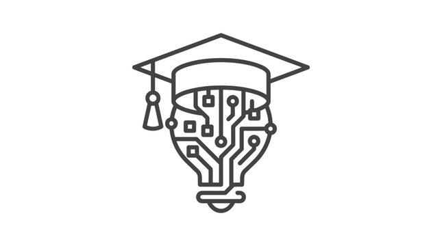 Creative Black and White of a Light Bulb with a Graduation Cap and Circuit Board Design with high quality professional line art symbols for modern creative design and digital branding projects