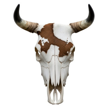 A cow skull with horns against a white background, studio lighting.
