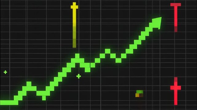 Minimalist 16-bit Pixel Art Data Visualization with Glowing Neon Green Line Graph Motion Graphic