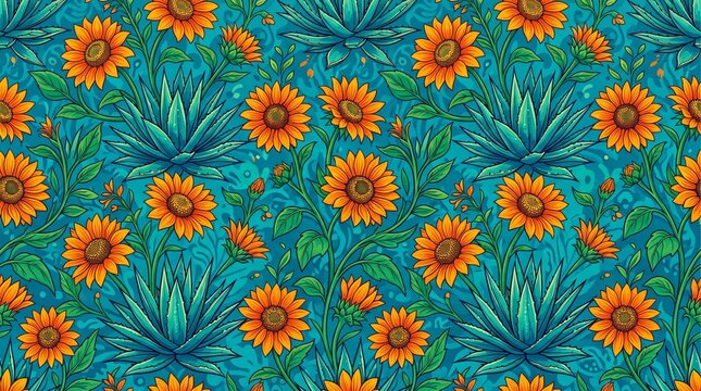 Mexico pattern agave plant and marigold floral seamless background with marigold seamless colorful talavera geometric