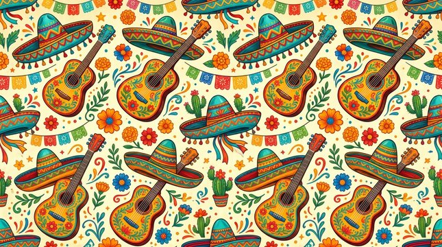 Mexico pattern guitar and sombrero musical fiesta seamless background with sombrero seamless colorful celebration