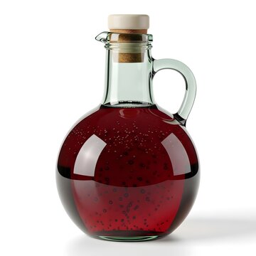 Vintage glass wine carafe with cork stopper filled with red liquid studio lighting
