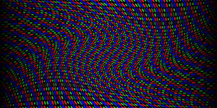 Faded RGB screen pixel background. LCD display grid dots wallpaper. LED TV screen pattern. Red Green Blue diode pixels videowall concept. Projector or television monitor texture backdrop. Vector