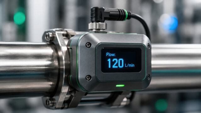 Smart flow meter displays flow rate of 120 liters per minute, showcasing advanced technology for measuring hydrogen energy industrial applications