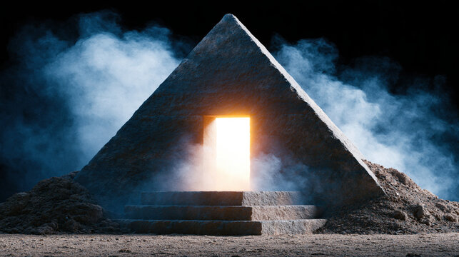 Pyramid with glowing doorway, dark smoke, and ash in mystical desert scene