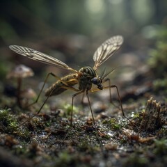 Obraz premium Macro photography of large mosquito on mossy forest floor