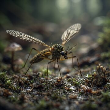 Macro photography of large mosquito on mossy forest floor