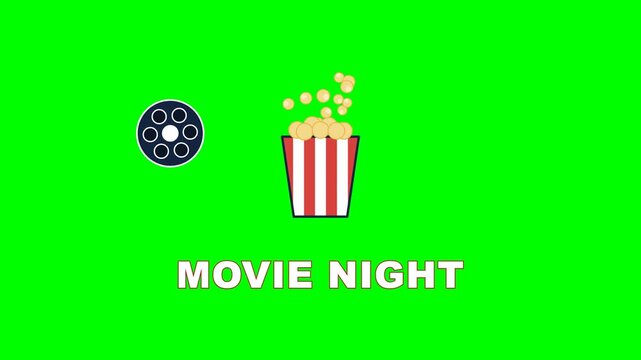 4K green screen MOVIE NIGHT animated title - a striped popcorn bucket pops while a film reel spins, kinetic typography motion graphics intro overlay, chroma key