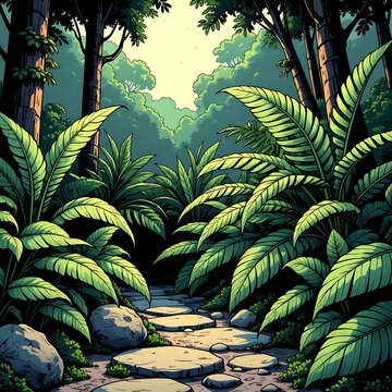 Shaded Tropical Garden Corner with Layered Ferns and Leaves