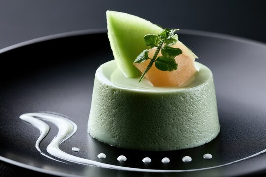 A green mousse dessert on a plate. Elegant fine dining food.