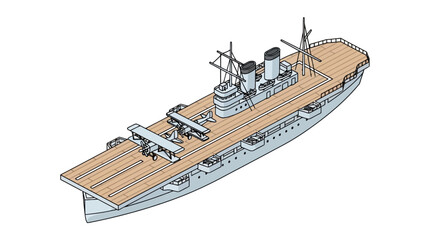 Isometric early twentieth century aircraft carrier with biplanes © santikajaya