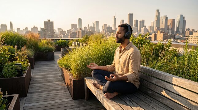 Black man meditating in lotus pose with headphones on a rooftop garden terrace with city skyline for wellness and mindfulness