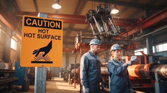 Engineers inspecting hot machinery near caution surface sign in factory