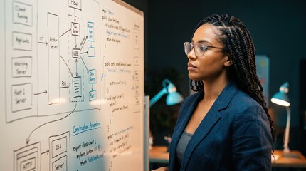 Fototapeta premium Black female software engineer reviewing system architecture and code on a whiteboard in a late night office for software development projects.