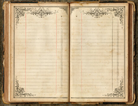 Blank ledger page vintage book spread sepia paper ornate border old notebook open journal lined page antique paper