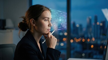 Fototapeta premium Professional female engineer analyzing digital holographic circuit interface in office at night for advanced technology and AI software development