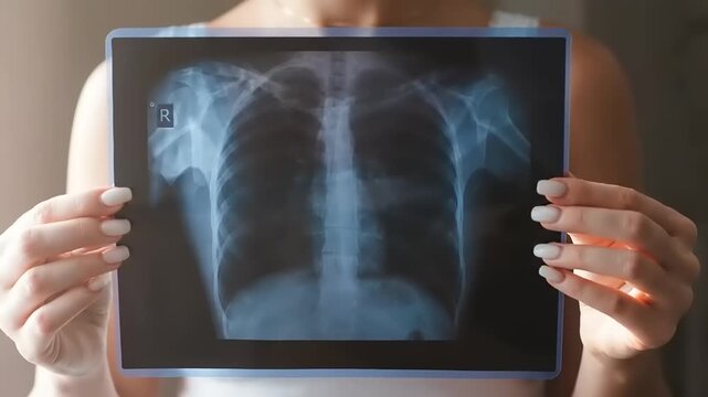 Person holding chest x-ray image.