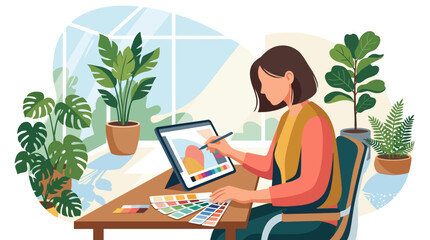 Fototapeta premium Professional digital artist working on tablet with color swatches in sunlit plant studio flat design vector illustration.
