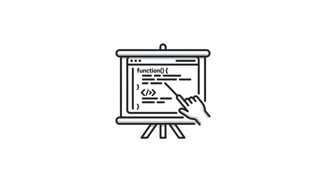 Creative of a White Flip Chart Showing JavaScript Function Code with Pointer Hand with high quality professional line art symbols for modern creative design and digital branding projects