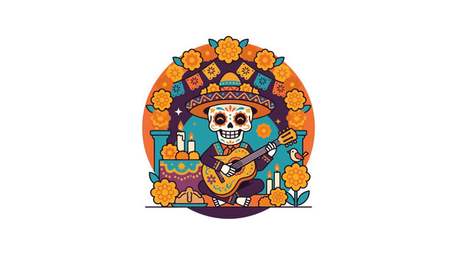 Colorful Day of the Dead Skull Playing Guitar with Marigold Flowers
