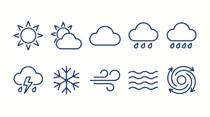 Fototapeta premium Weather icons depict various conditions including sun, clouds, rain, and snow.