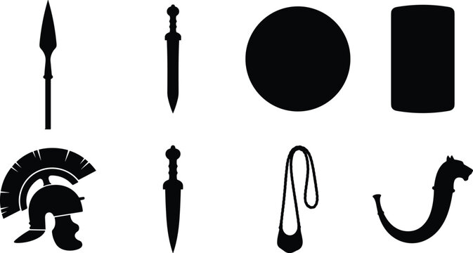 Ancient Roman warrior weapons and armor silhouette icons set including centurion helmet gladius sword shield and spear