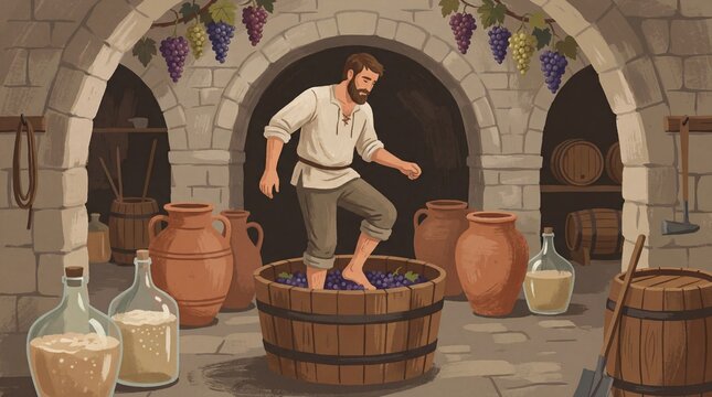 Man stomping grapes in traditional winery for winemaking process