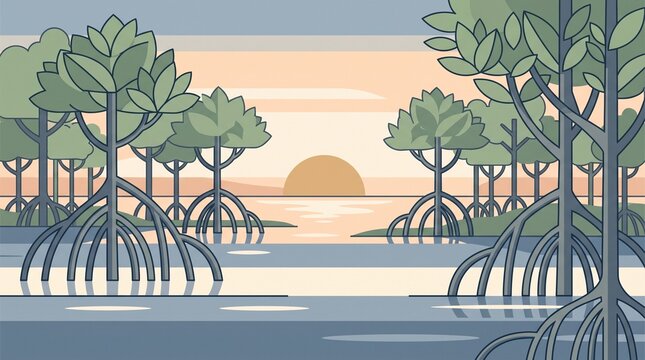 Flat vector mangrove forest at sunset, tropical coastal landscape with stylized trees and roots, serene wetland environment in muted pastel colors