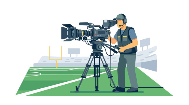 Professional cameraman operating a high-end broadcast camera on a sports stadium field flat vector illustration.