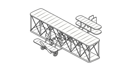 Early aviation biplane line art with wooden frame and canvas wings © cintya