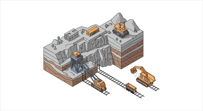 Isometric illustration of a modern mining operation with excavators and trains.