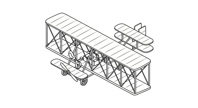 Early aviation biplane line art with wooden frame and canvas wings