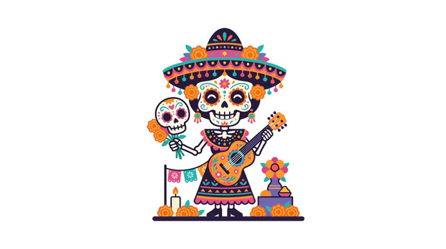 Colorful Mexican Day of the Dead Skeleton Woman Playing Guitar Illustration