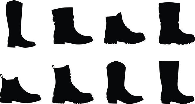 Men and women boots vector silhouette set featuring winter combat cowboy and fashion footwear styles
