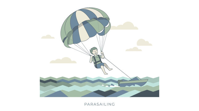Joyful person parasailing over blue ocean waves towed by a boat, minimalist vector illustration