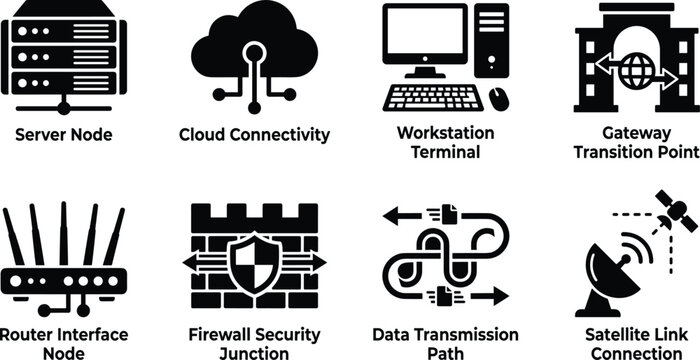 Network infrastructure and computer database technology icons set isolated on a white background