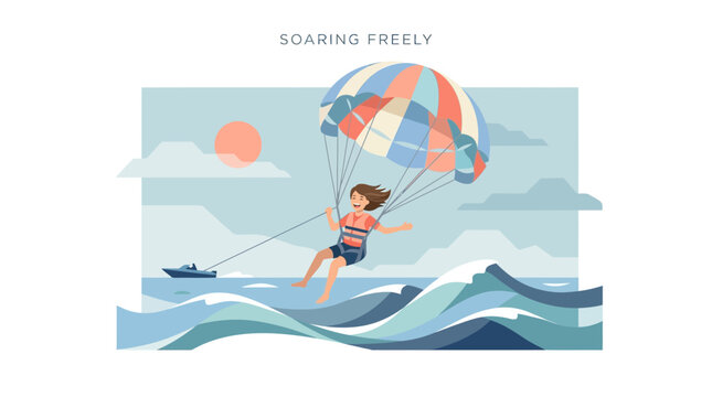 Joyful woman parasailing over ocean waves with boat and sun in the background