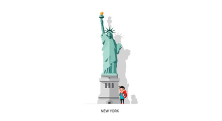 Obraz premium Stylized illustration of a girl with a backpack standing next to the Statue of Liberty in New York