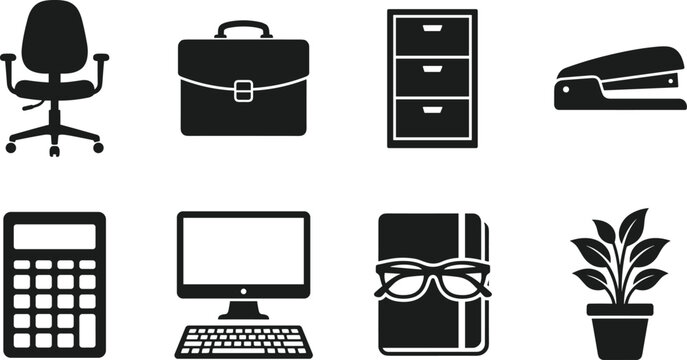 Office workplace furniture and business supplies web icons set vector illustration isolated on white background