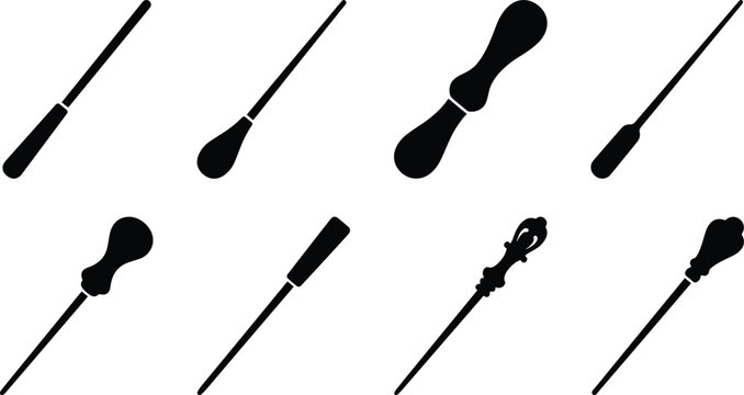 Orchestra conductor baton silhouette icon set with musical band director wand symbols and magic sticks