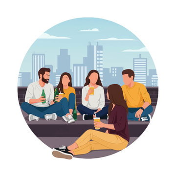 Flat vector illustration of a group of young adults sitting on a rooftop ledge against a city skyline, drinking beverages and socializing in a circular frame background.