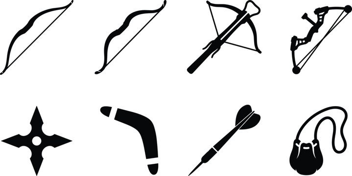 Ranged weapons and hunting tools silhouette vector collection featuring bows crossbow shuriken and throwing sports gear