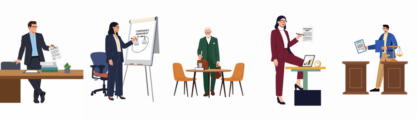 Obraz premium Set of legal professionals, lawyers, and mediators presenting contracts, settlement drafts, and compromise agreements in various office and courtroom settings.